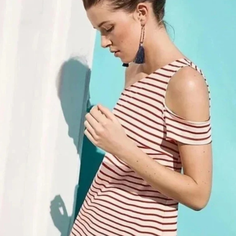Anthropologie Maeve Marketa Red and Cream Striped Off & Open Shoulder Mini Dress